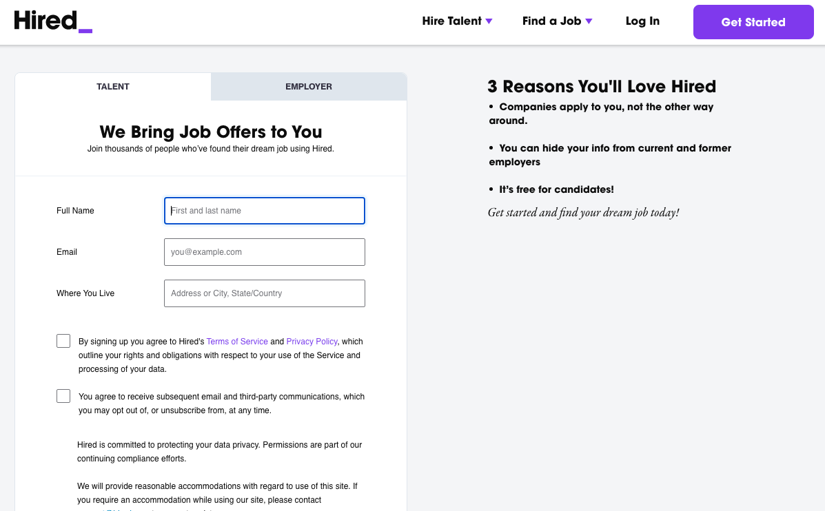 hired_ sign up interface