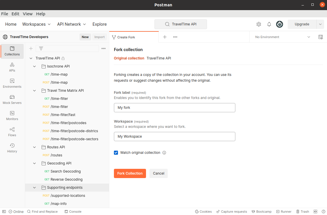 postman interface showing fork creation