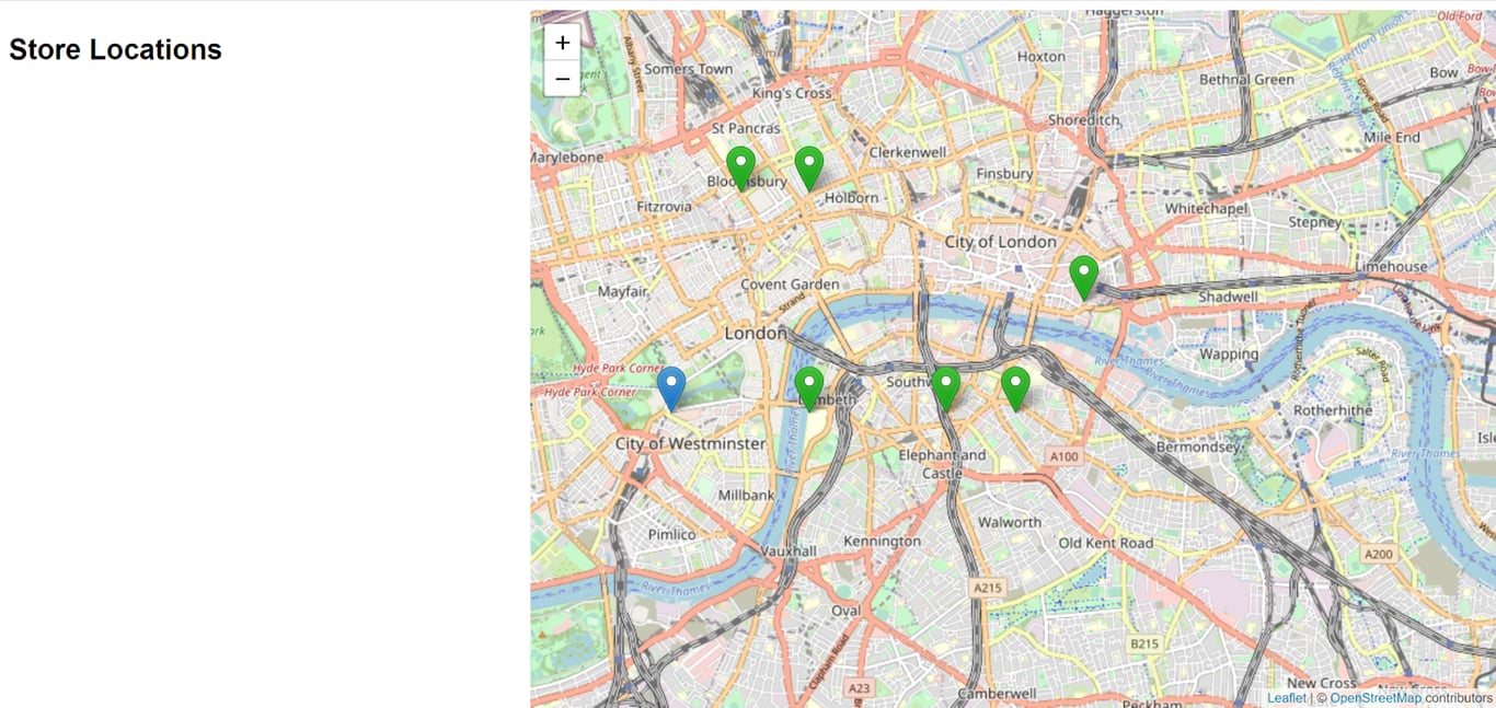 map of London with a blue pin an several green pins