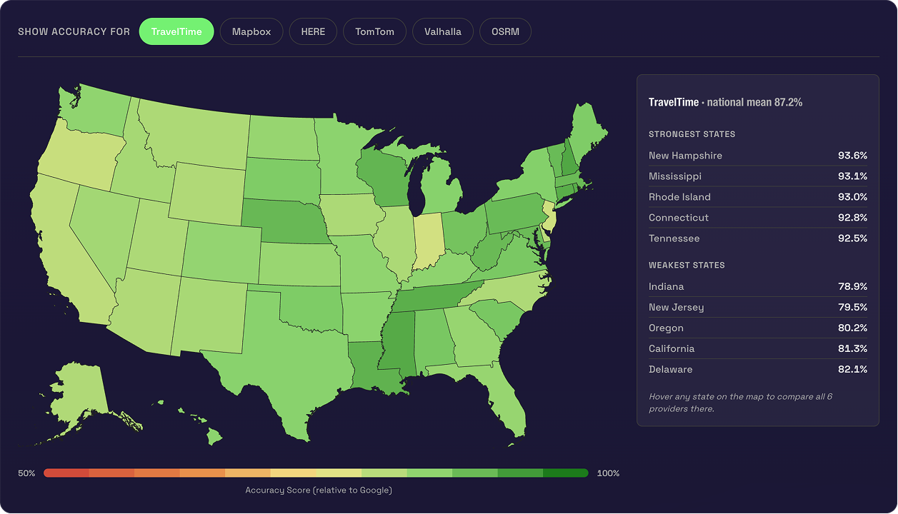 TravelTime drive time accuracy by US state