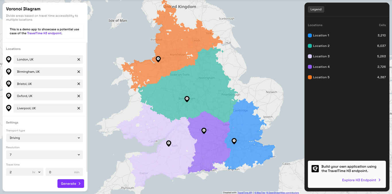 Territory mapping using a Voronoi Diagram, powered by TravelTime H3
