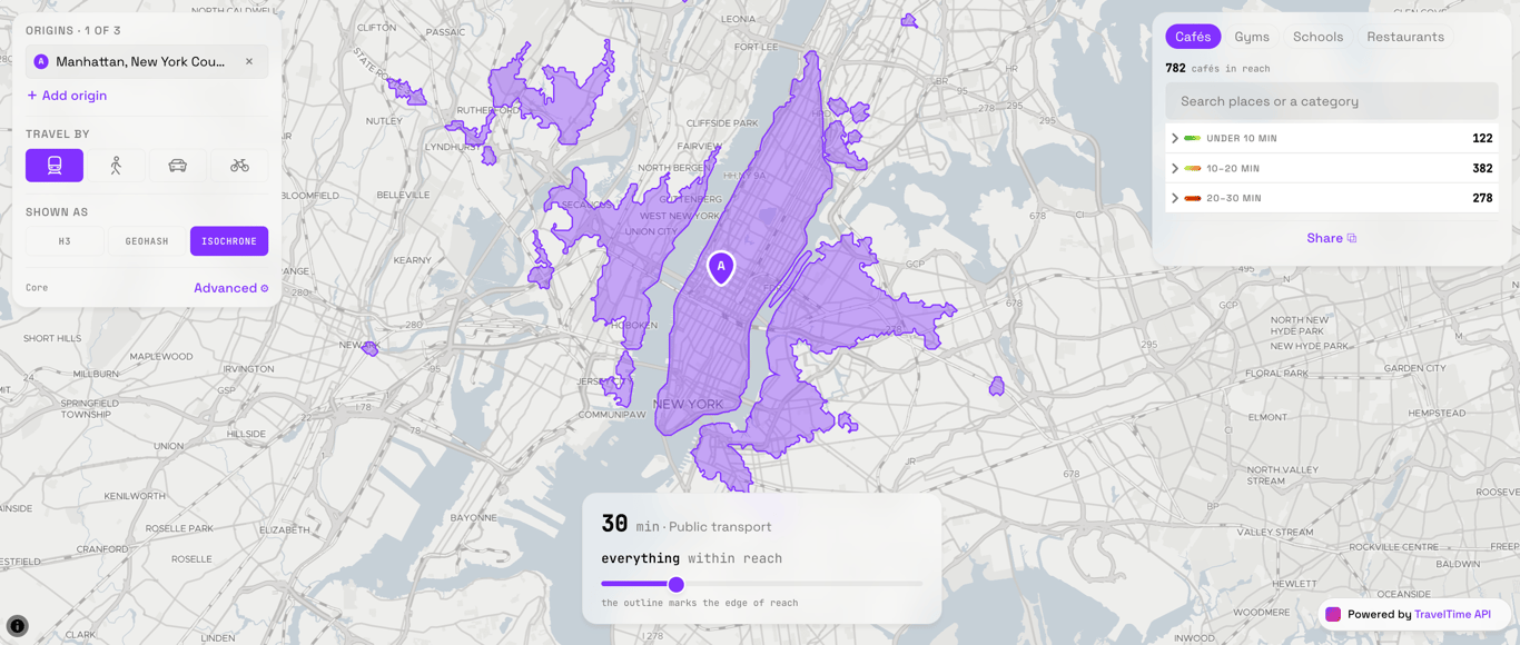 Public transport isochrone around Manhattan, New York, shown on a map