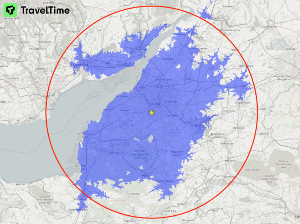 Image of 25 mile distance radius compared to 45 minute driving isochrone time map - illustrating the difference between distance and time as a measure of proximity and accessibility.
