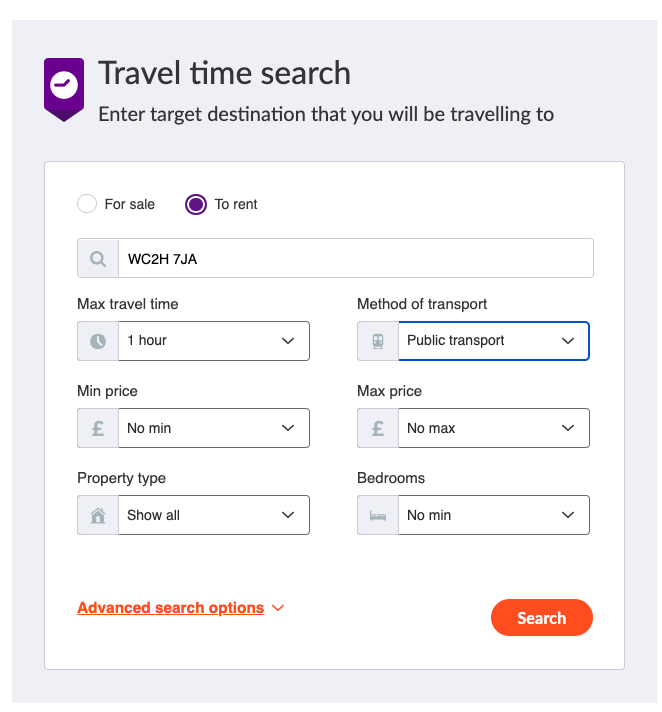 Zoopla travel time search
