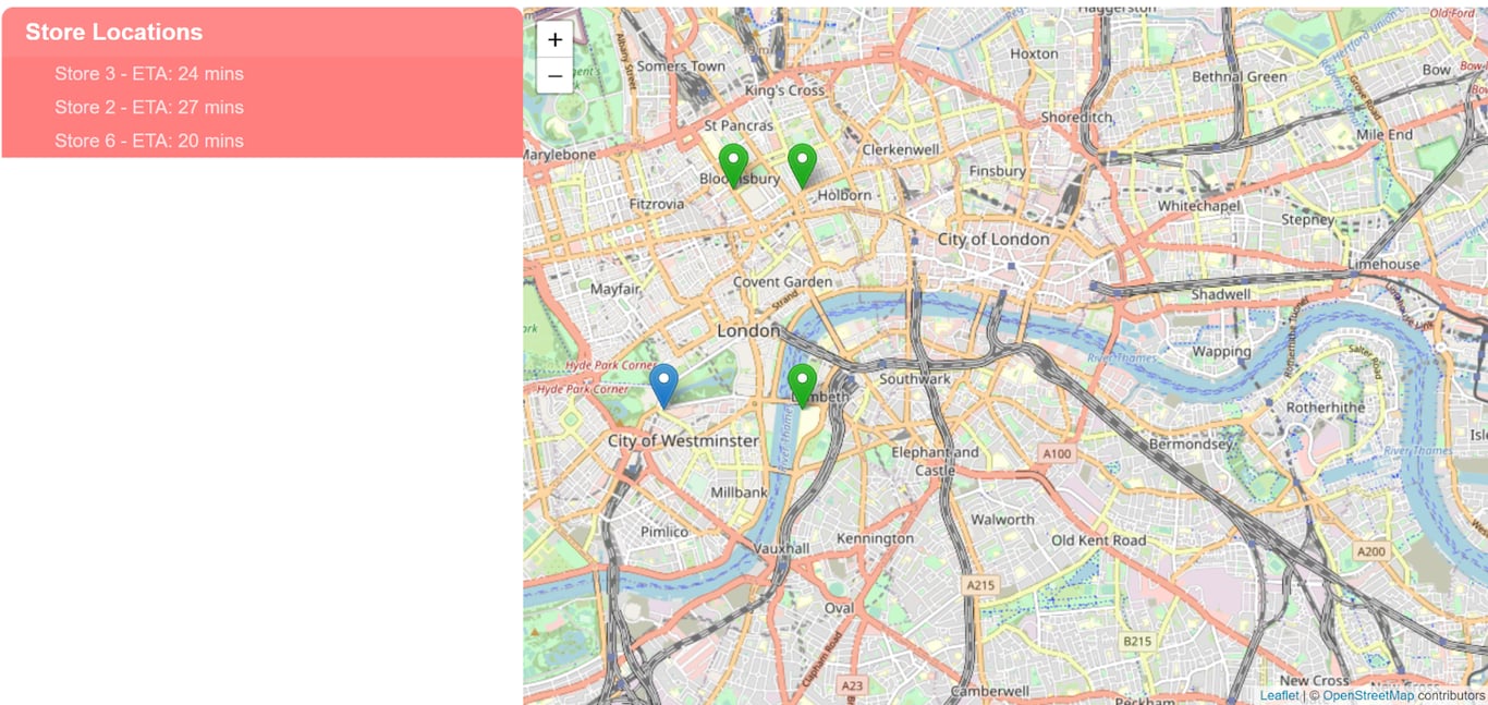 map of London with store recommendations and travel times