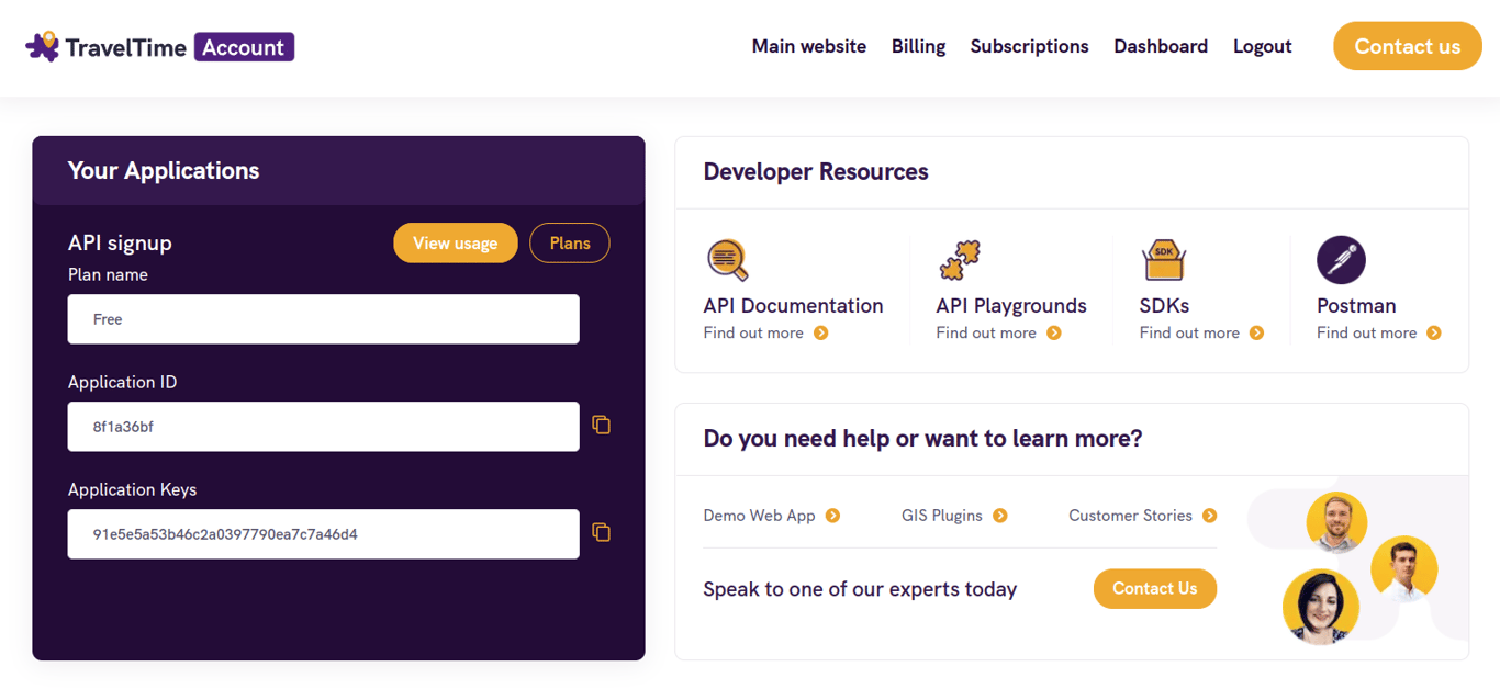 TravelTime API dashboard