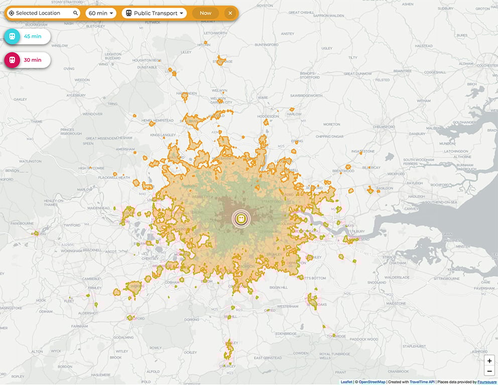 traveltime app interface shows multiple layered isochrones