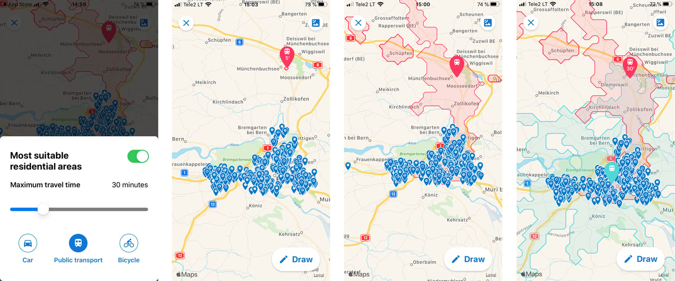 Property search filtered by travel time