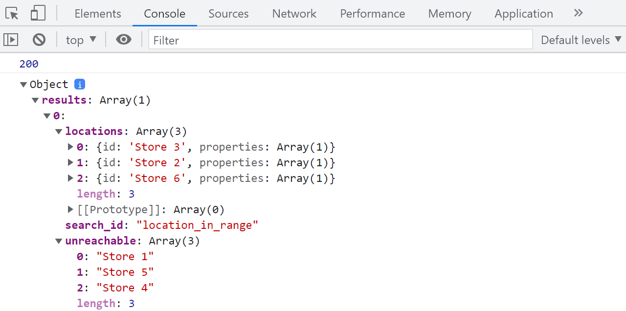 browser console output with locations