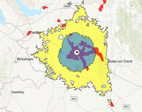 45-minute cycling catchment area