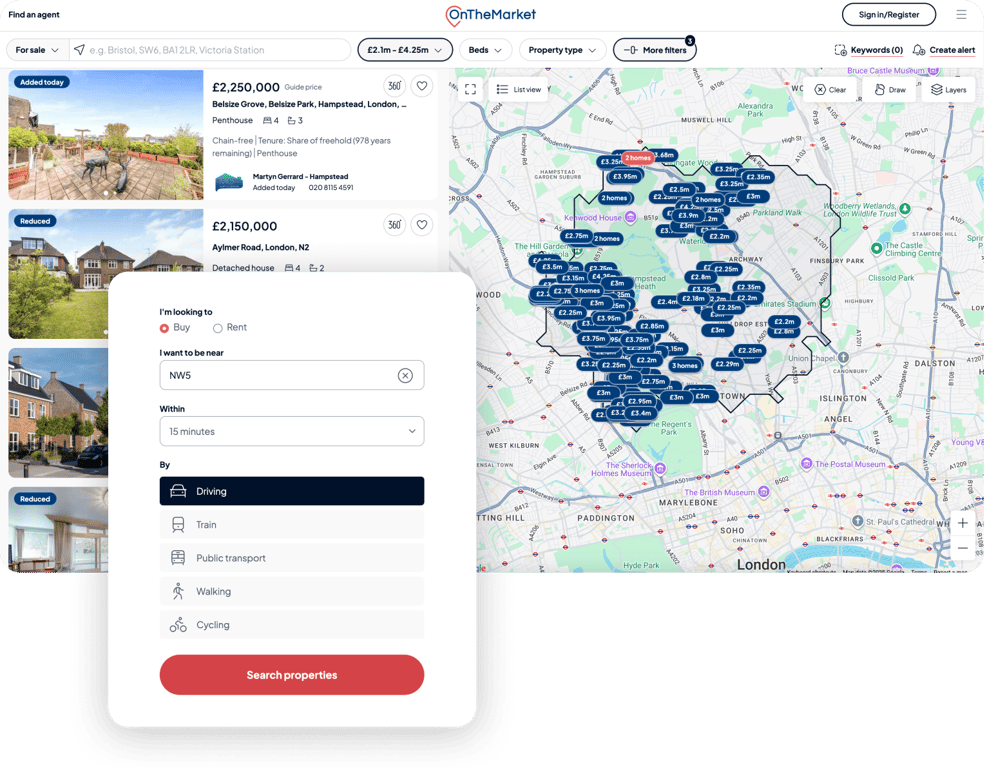 OnTheMarket user interface