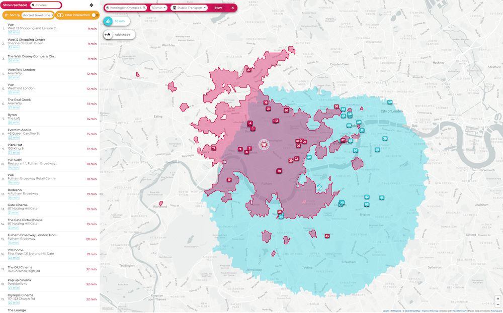 30 minutes travel time cycling from Battersea with points of interest