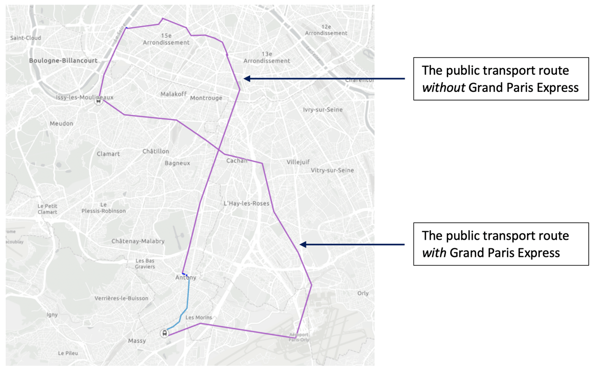 Public transport routes with and without Grand Paris Express