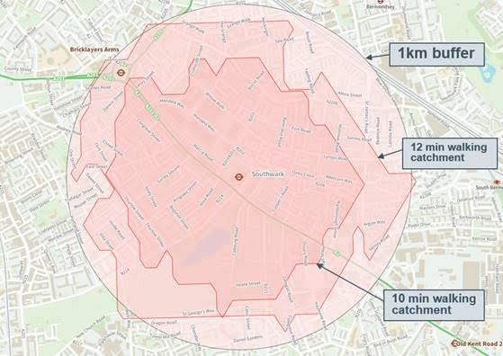 Travel time catchment area isochrone map