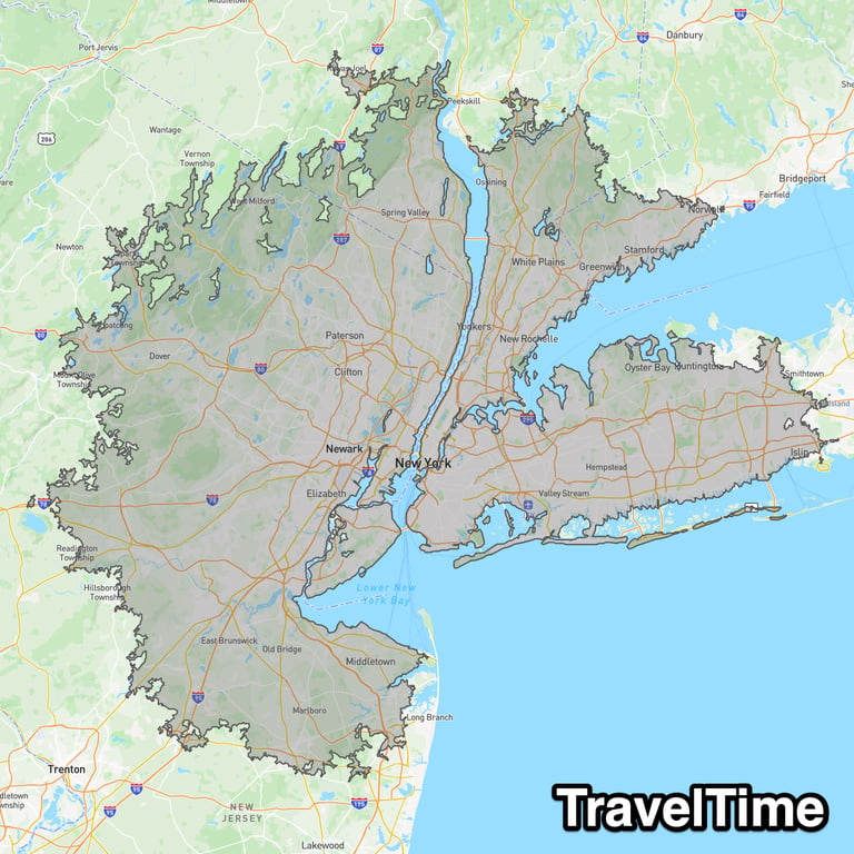 Isochrone of 1 hour in New York