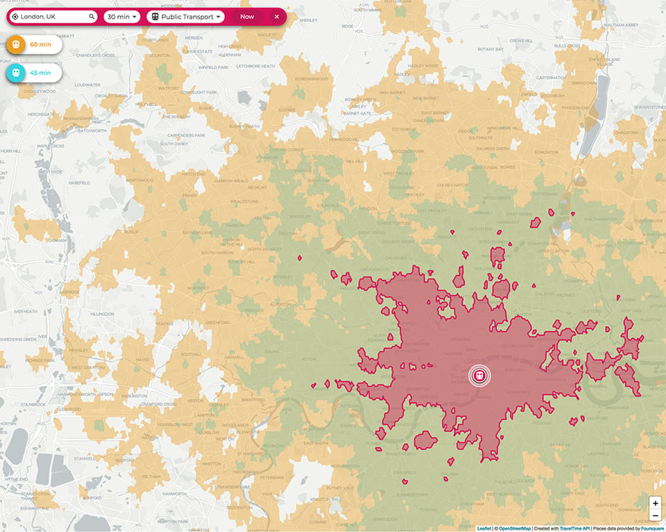 traveltime app interface shows multiple layered isochrones