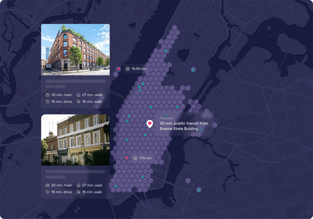 map with property listings and a h3 cluster