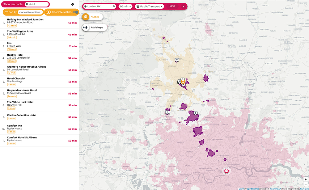 traveltime app interface showing intersections between isochrones