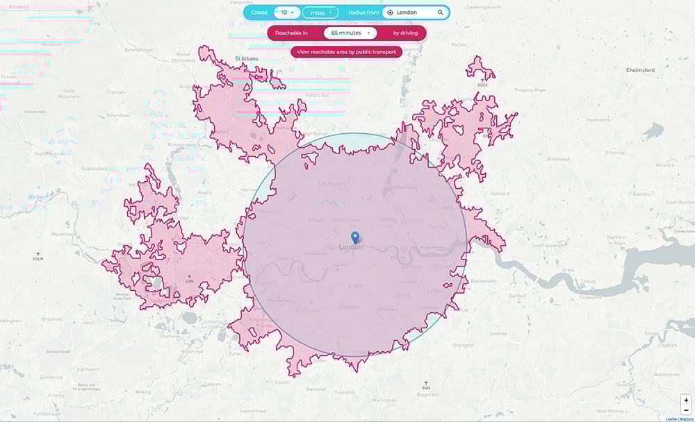 a map with an isochrone and distance radius layered on top of it