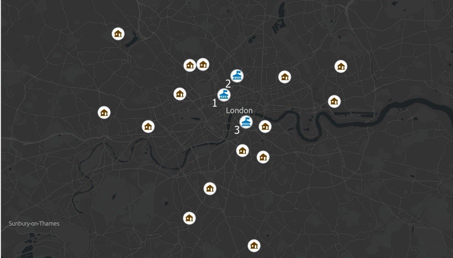 Map with office locations and employee address locations