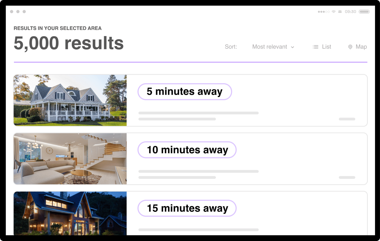 Property search results page harnessing the user’s search to rank properties by journey time.