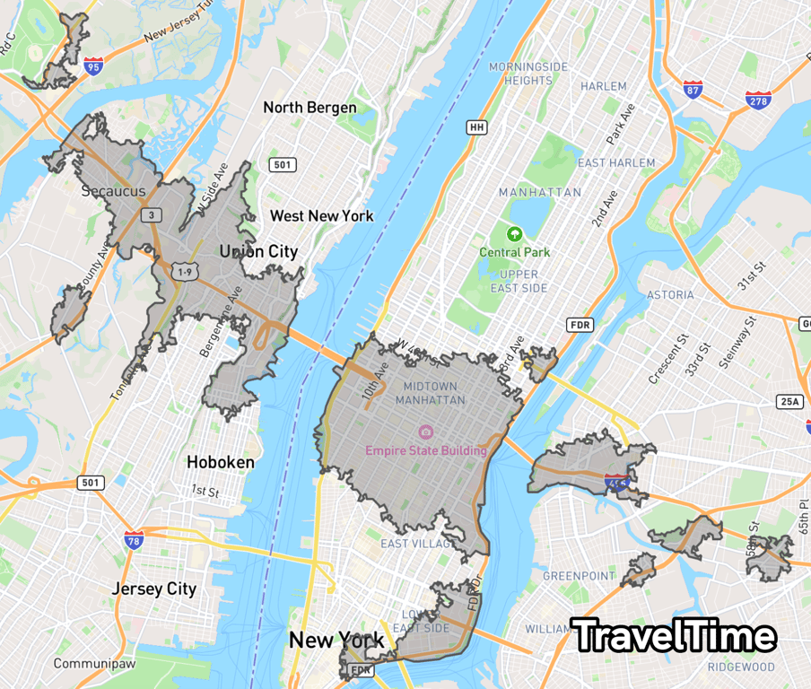 TravelTime isochrone 15 min