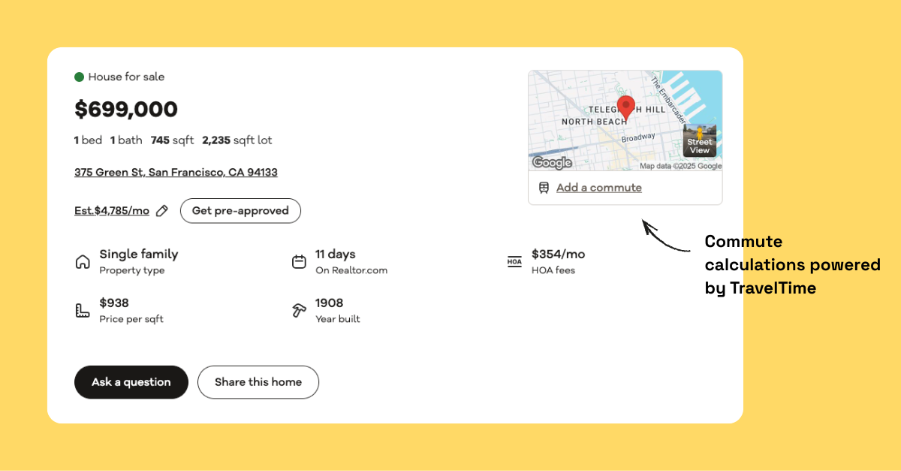 Realtor property listing page featuring the option to add a commute
