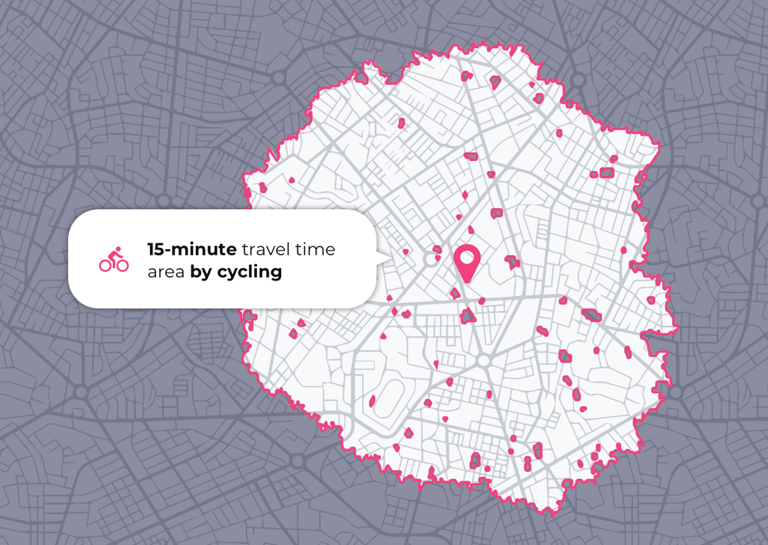 15 minute travel time catchment area by cycling