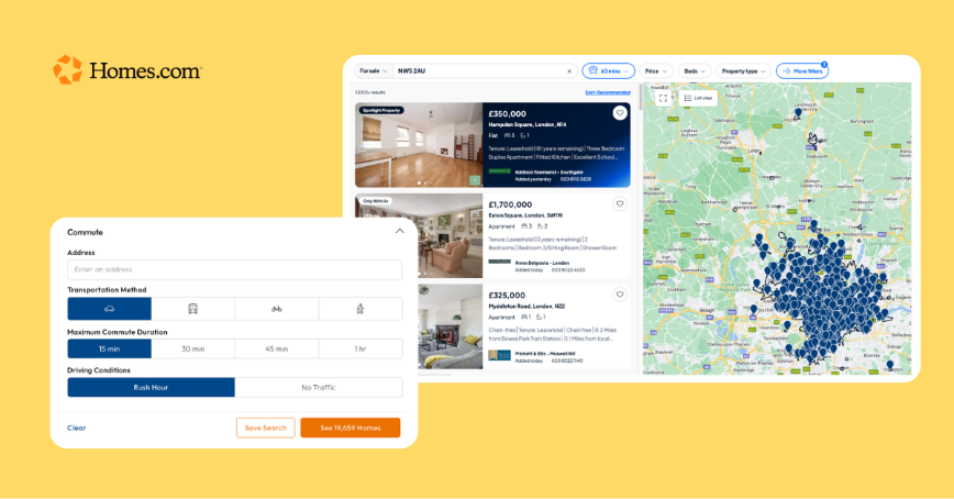Homes commute search interface