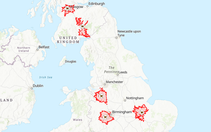 Travel time catchment areas