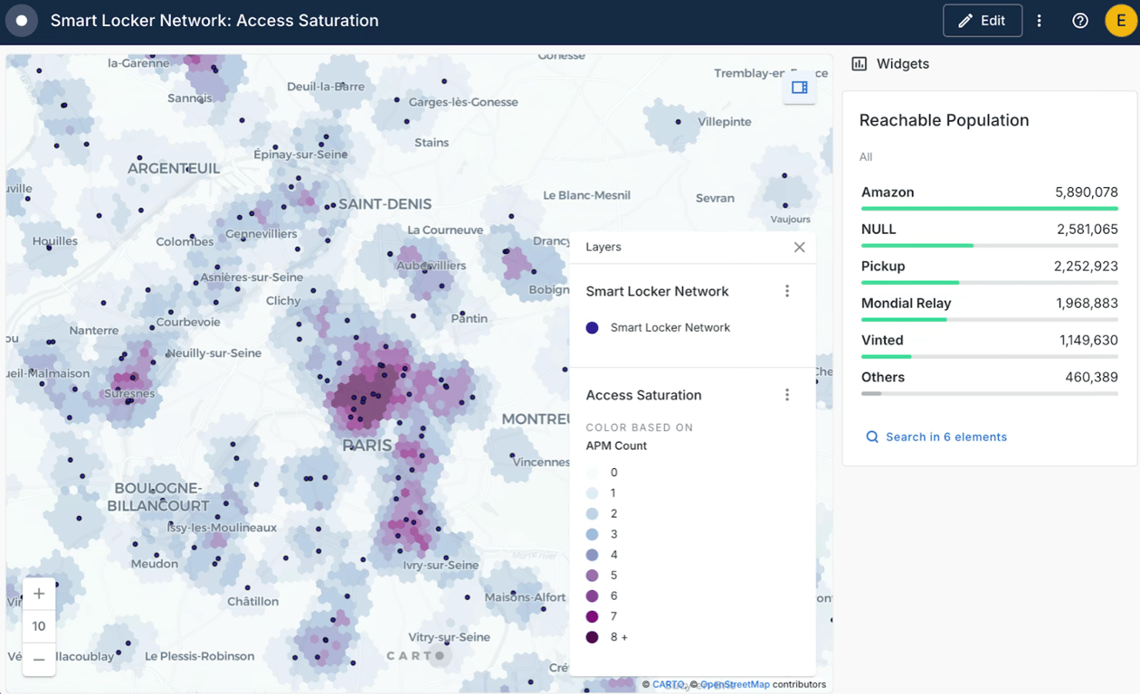 Smart locker network saturation analysis using TravelTime H3 in the CARTO platform