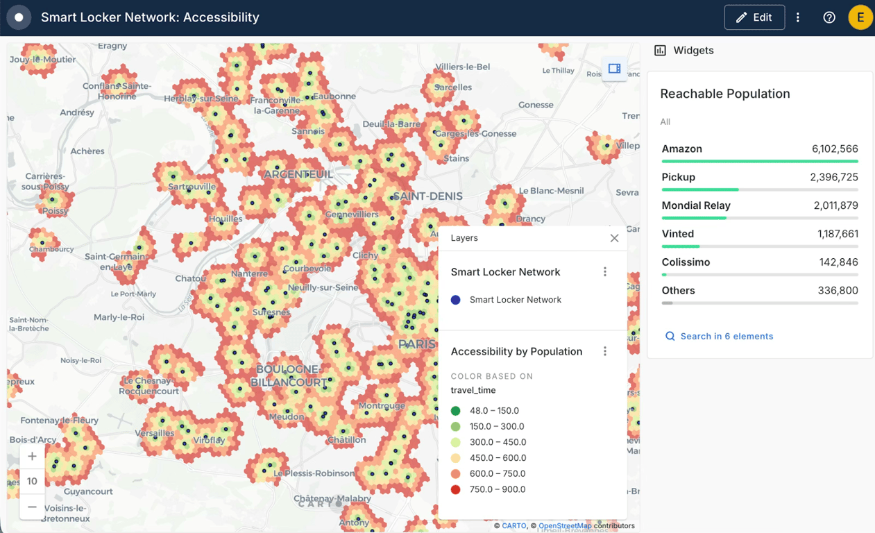 CARTO smart locker access analysis, powered by TravelTime H3