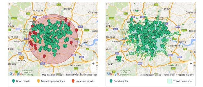 Jobsite portal using TravelTime API to display candidates within given commute time to recruiters.