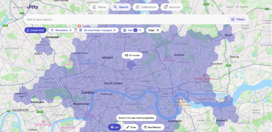 TravelTime H3 used in the Jitty property search portal