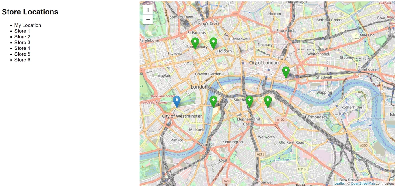 map of London with a blue pin an several green pins