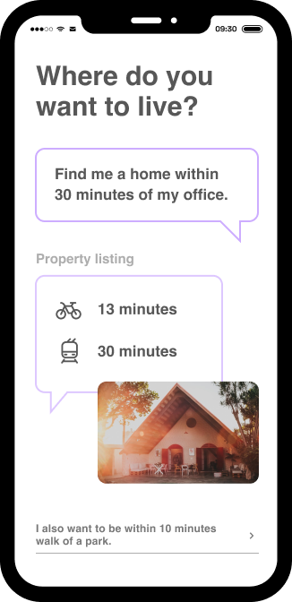 Property portal showing the possibility of using time-based search for a more personalised chatbot experience.