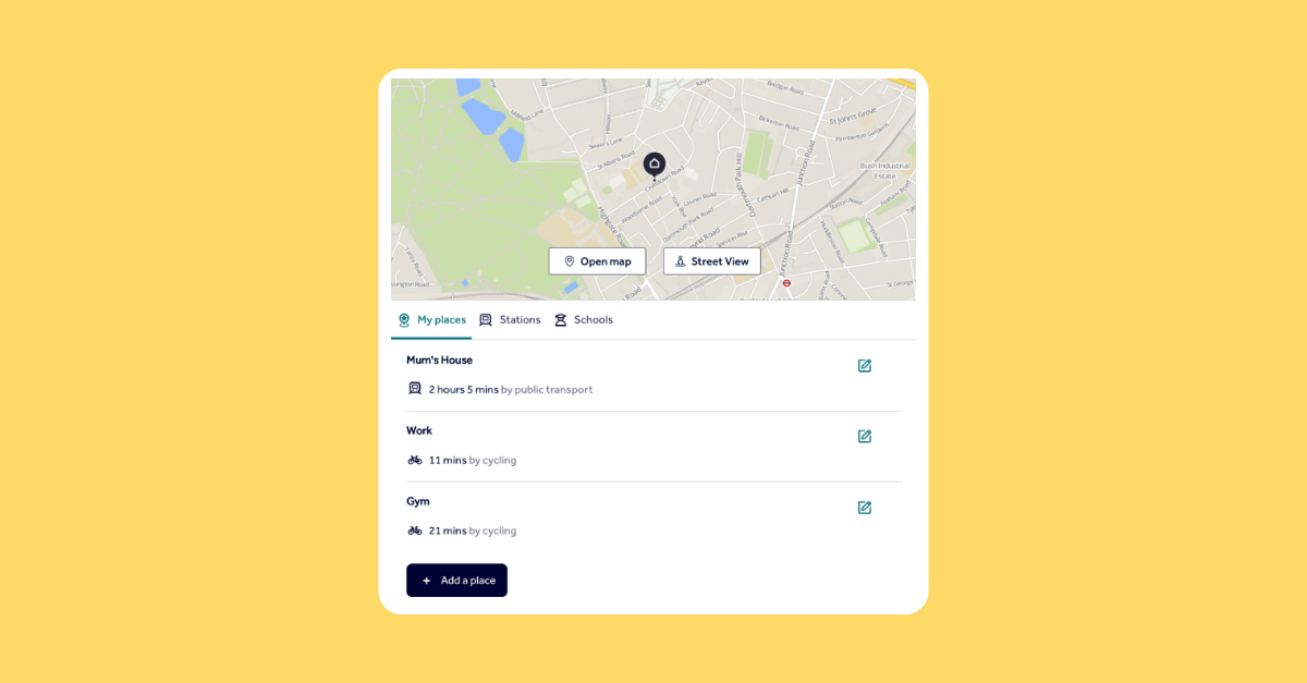 Rightmove POI Search - traveling mode selection view