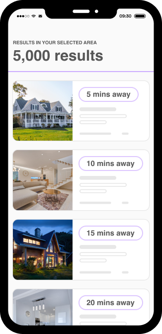 Property search results page harnessing the user’s search to rank properties by journey time.