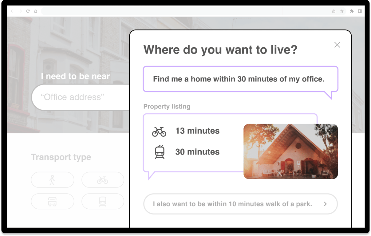 Property portal showing the possibility of using time-based search for a more personalised chatbot experience.