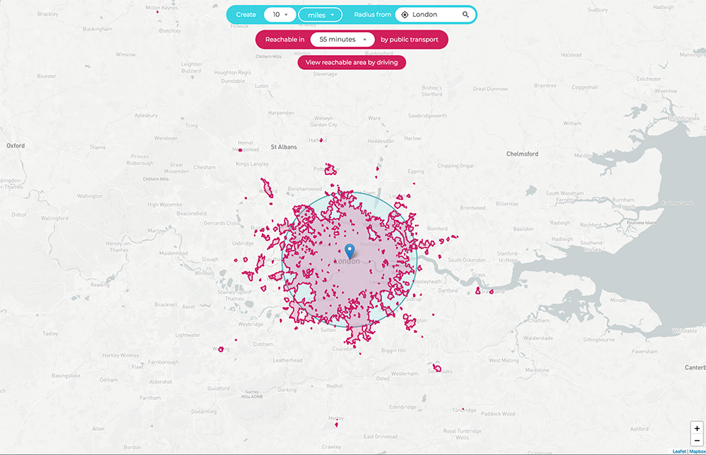 a map with an isochrone and a distance radius