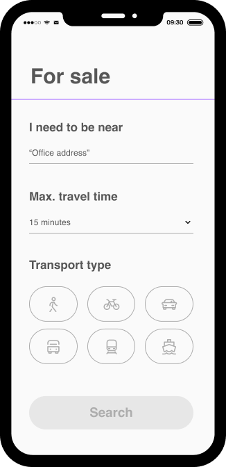 Time-based search on a property portal, asking the user to share where they need to be able to access and how they’d like to do so.