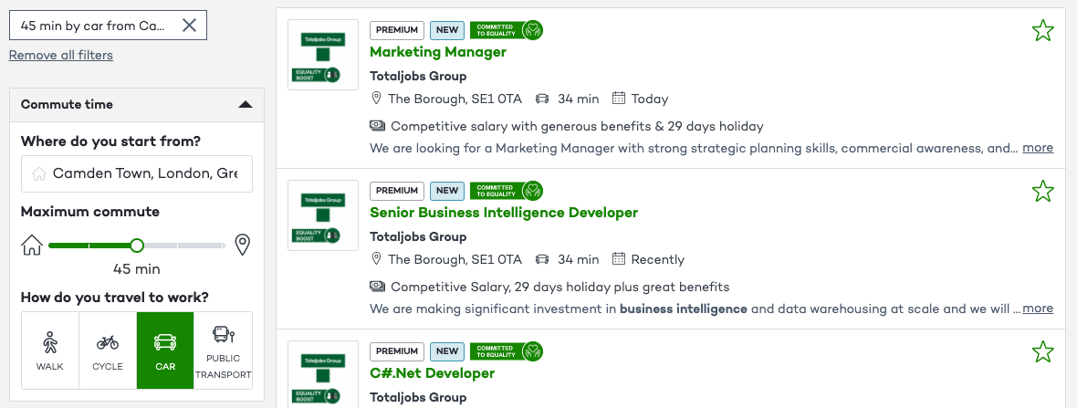 Totaljobs commute time filter results