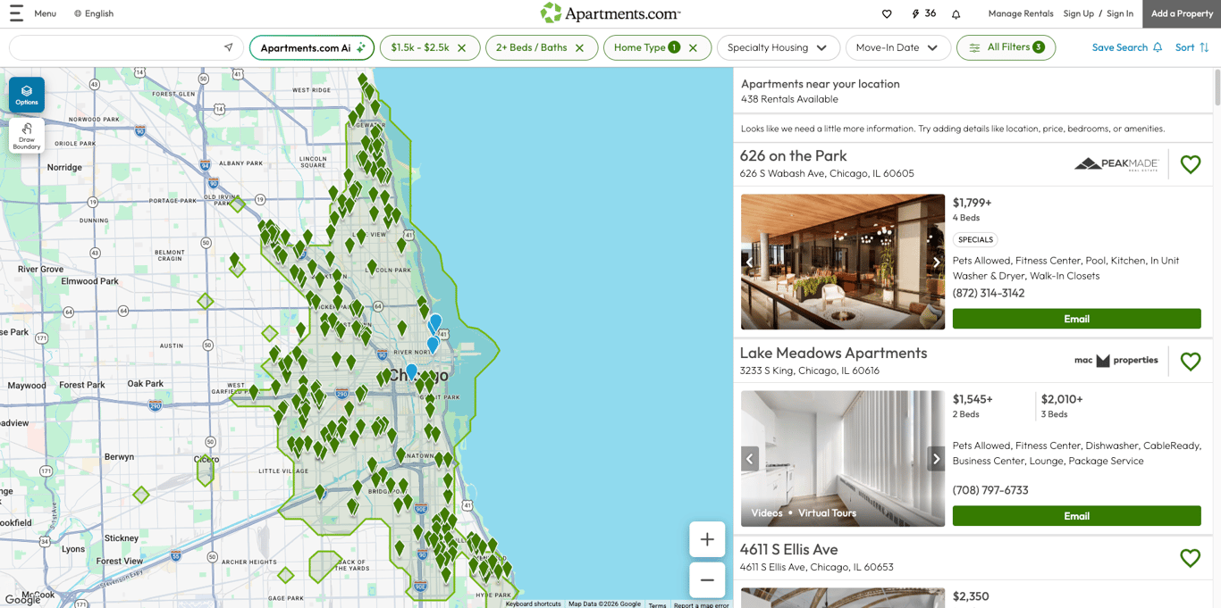 Apartments.com search showing 2-bed apartments within a 30-minute public transit journey of Chicago Tower
