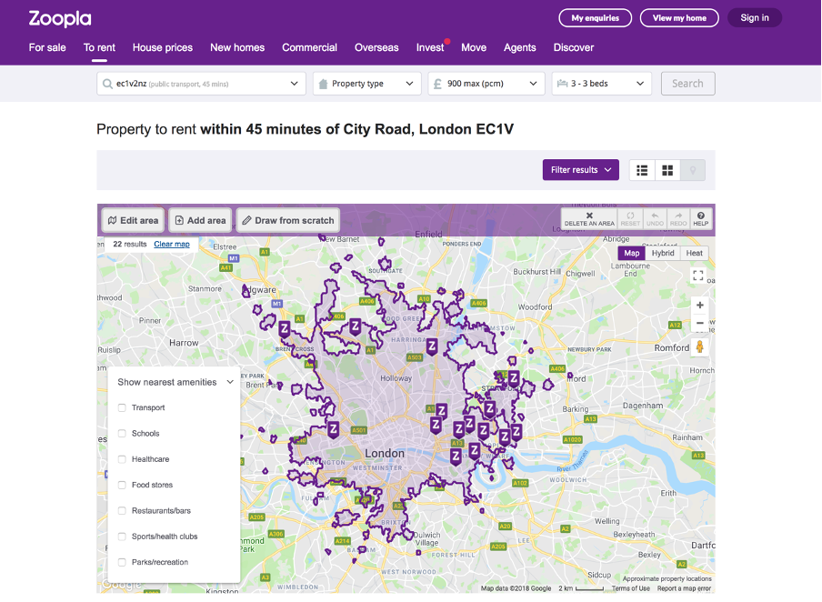 Zoopla website search relevance using travel time 