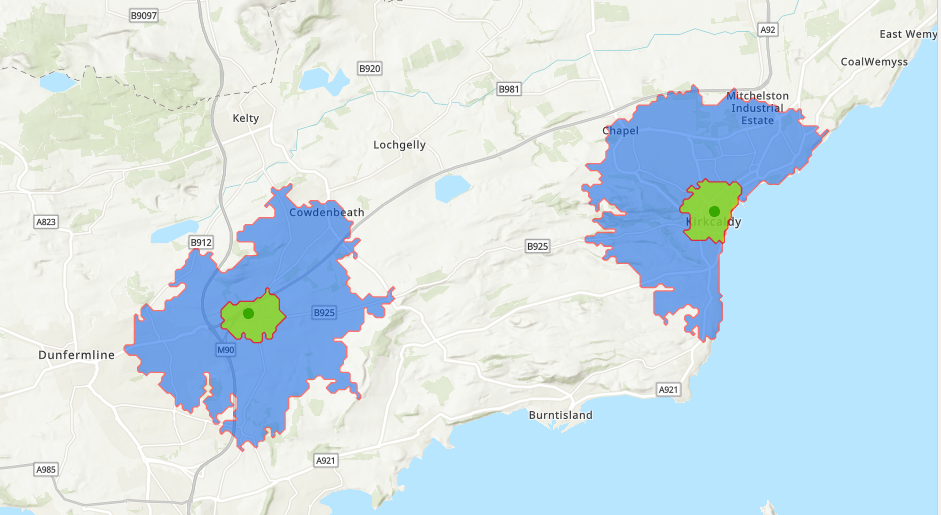 walking and cycling travel time catchment areas