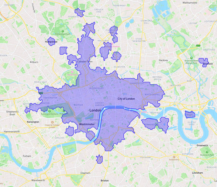 example of an isochrone created with the traveltime api
