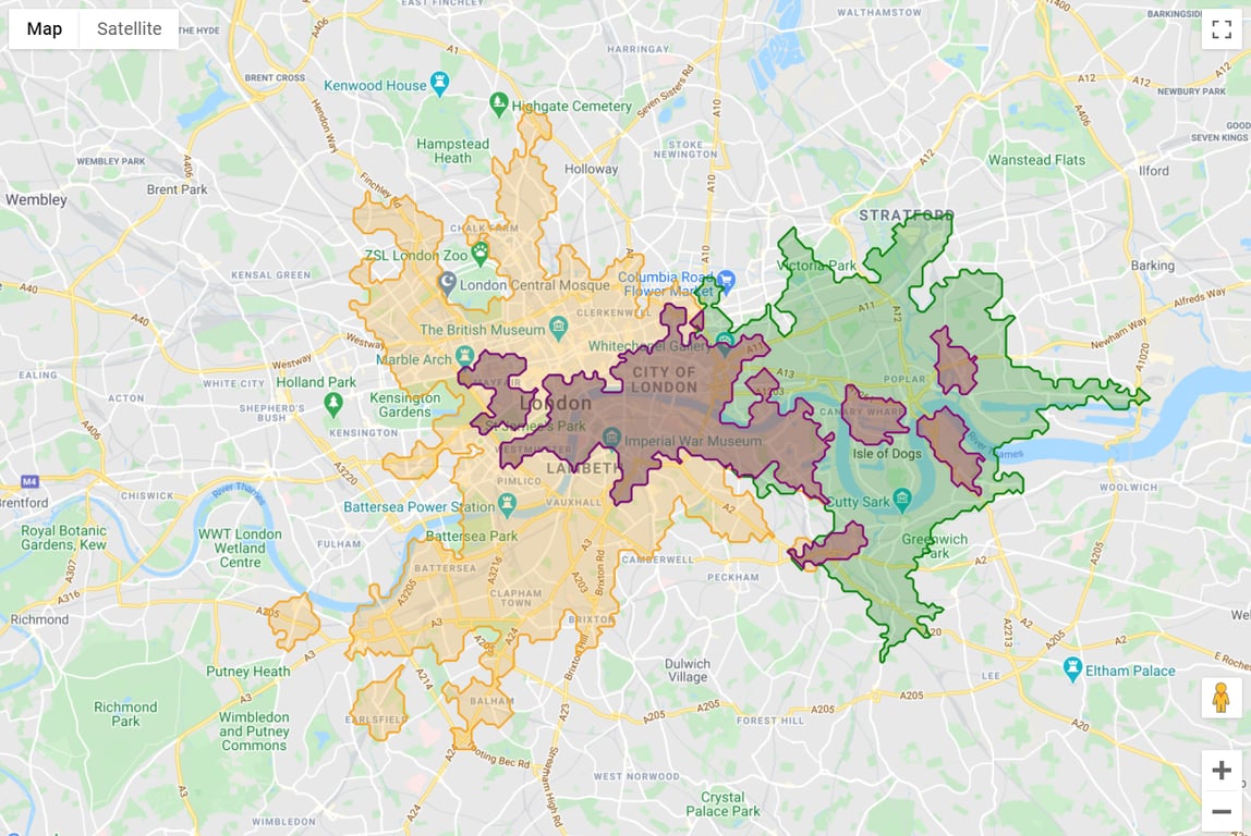 show driving radius google maps