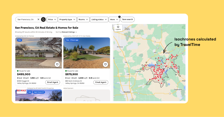 Realtor property listing and isochrone map view
