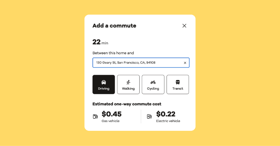Realtor commute search portal which calculates commute costs