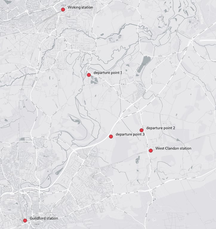 Map showing Guildford & Woking stations